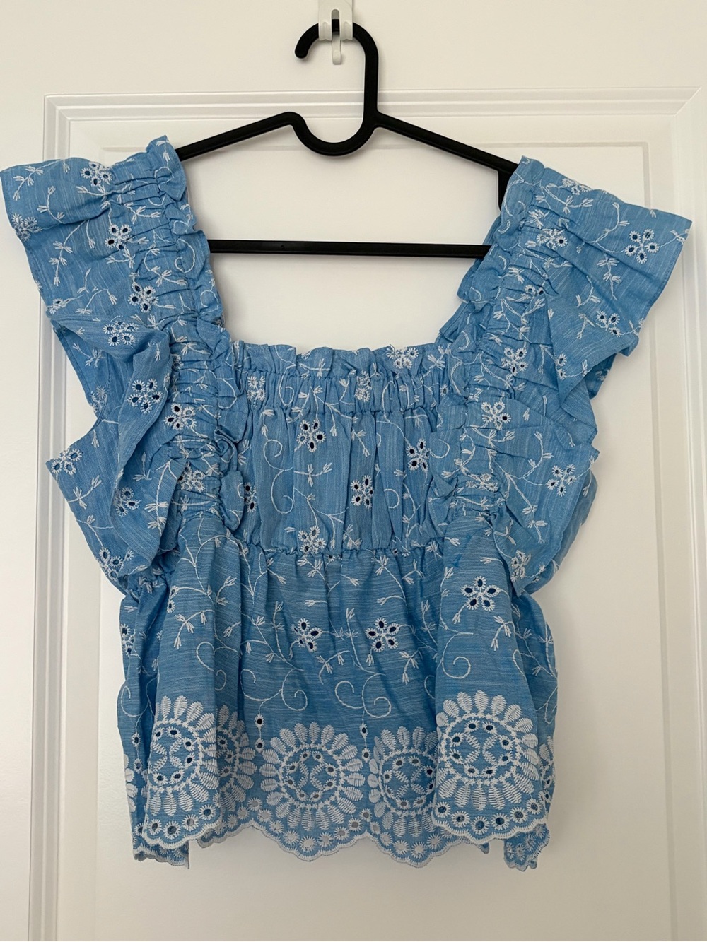 Zara Light Blue Embroidered Ruffle Crop Top